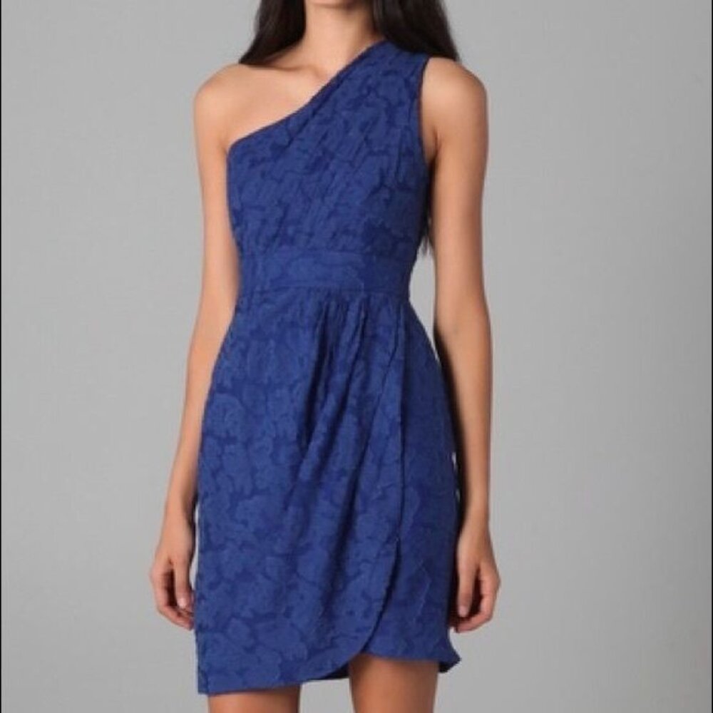 Shoshanna Size 2 Royal Blue Silk One Shoulder Burn Out Lace Floral Dress